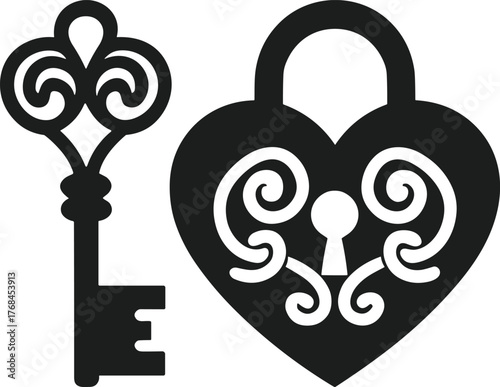 Heart Lock and Ornate Key Silhouette Vector Illustration for Valentine’s Day Love Design