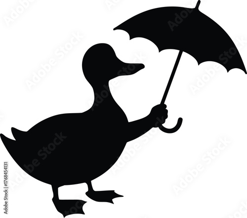 A silhouetted duck cheerfully holds a black umbrella against a white background