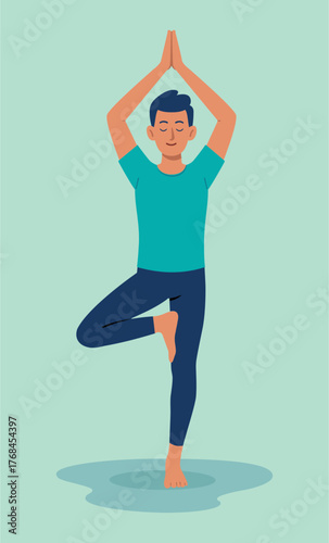 Flat Illustration Man Doing Tree Pose Yoga in Minimalist Style