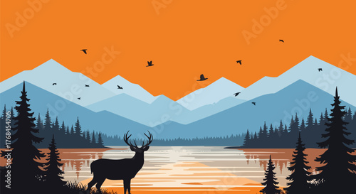 Majestic deer stands by lake with mountain backdrop