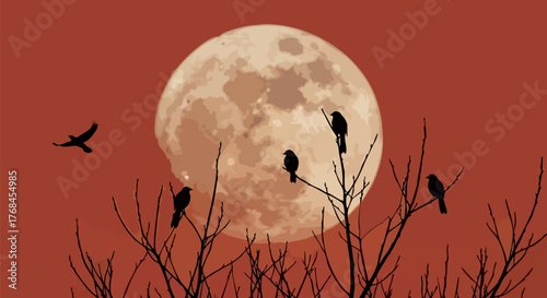 Full moon with silhouetted birds perched on bare trees