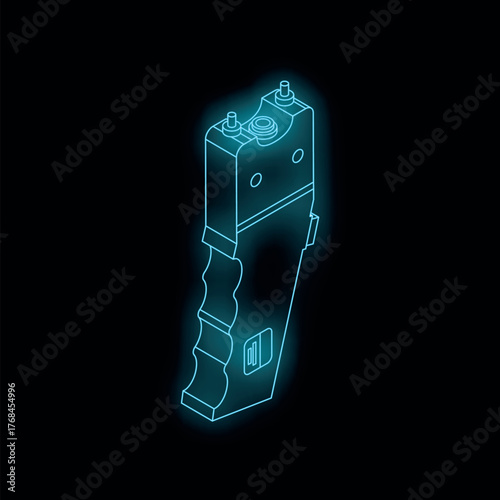 Electroshock weapon with futuristic blue glowing lines on dark background, representing police and security equipment