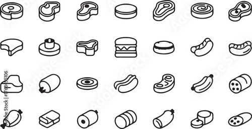 Collection of Isometric Line Icons Representing Various Meat Products and Fast Food