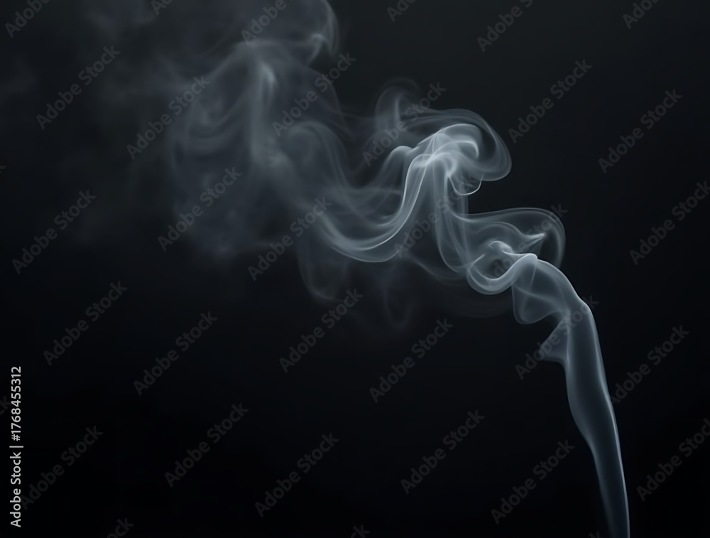 Fototapeta premium Wispy white smoke swirling and rising against a dark black background steam vapor image