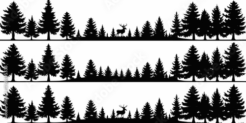 Black silhouette forest landscape with deer and evergreen trees on white background