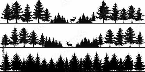 Three horizontal silhouette banners featuring evergreen trees and two deer in a forest landscape
