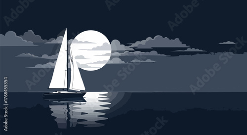 Sailboat glides on the water under a bright moon night