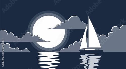 Sailboat sailing under moonlight vector illustration