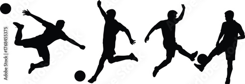 Soccer silhouette, football player, action pose, kicking motion, sports movement, athletic stance, vector illustration, black graphic, dynamic play, team sportSoccer silhouette, 