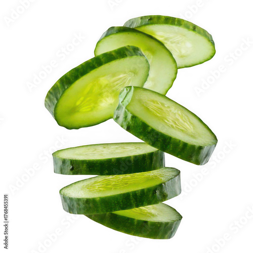 Falling cucumber slices isolated on transparent or white background