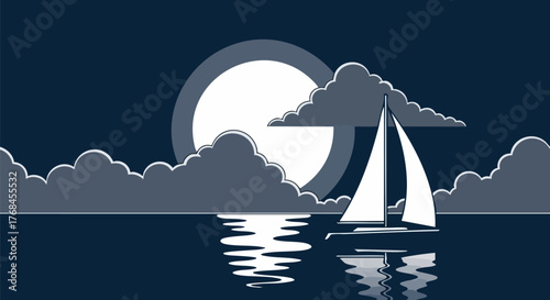 Sailboat sailing on the ocean under a full moon night