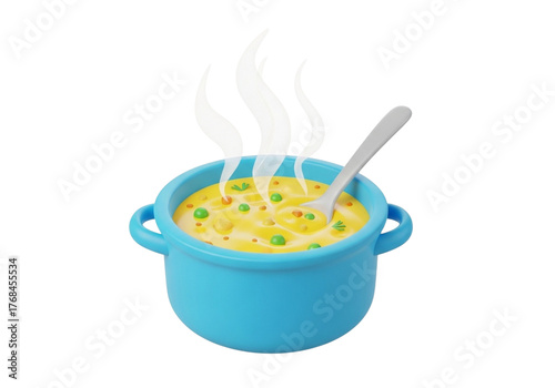 A 3d rendered blue pot filled with steaming soup and a spoon, isolated on transparent background