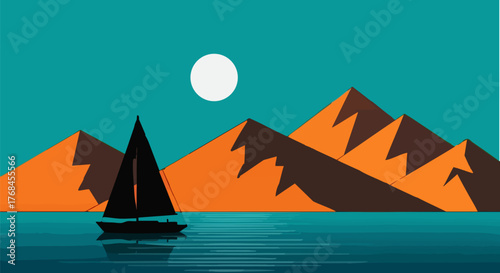 Minimalist sailboat scene with mountains and moon art