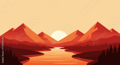 Minimalist mountain landscape with sunset and river view