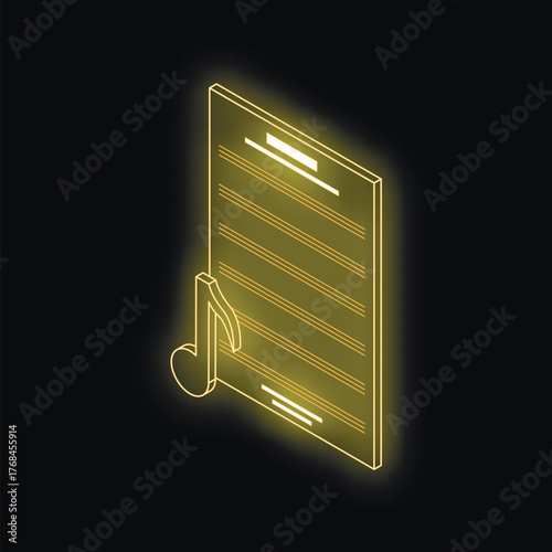 Neon musical note and staff glowing on dark background, representing musical composition, songwriting, and creativity