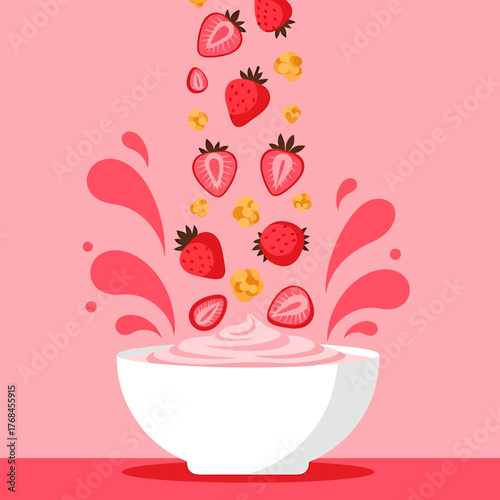 Fresh Strawberries and Corn Flakes Falling into Pink Yogurt or Smoothie Bowl for Healthy Breakfast Splash