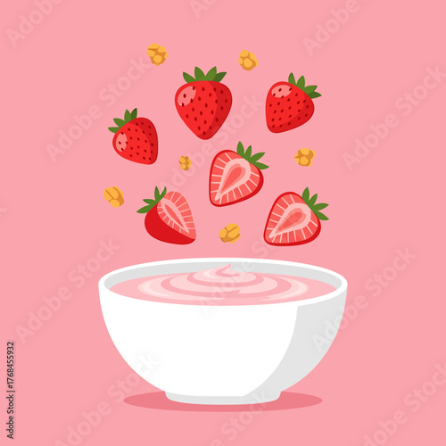 Fresh Strawberry Yogurt or Smoothie Bowl Preparation with Falling Fruit Illustration