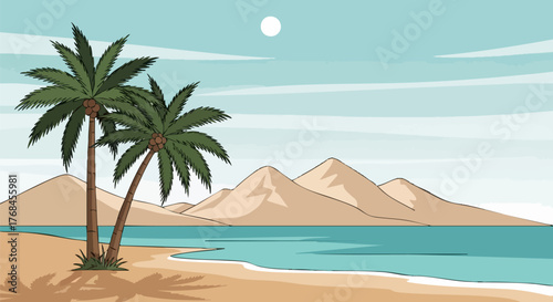 Tropical beach scene with palm trees and ocean view