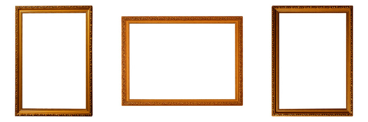 Set of three ornate gold picture frames isolated on white background. Each frame features classic decorative patterns with an elegant vintage look