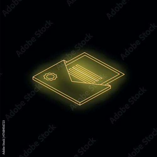 Isometric view of glowing neon yellow official letter being opened with a document and stamp on black background