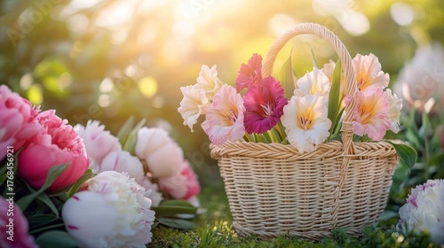 Bright flowers in a basket shine in sunlight, surrounded by greenery