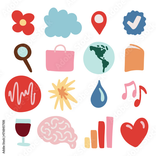 Office and Study Doodle Icons with Flower, Cloud, Location, Checkmark, Search, Shopping Bag, World Globe, Book, Wave, Star, Water Drop, Music Notes, Red Wine, Brain, Bar Graph and Heart 