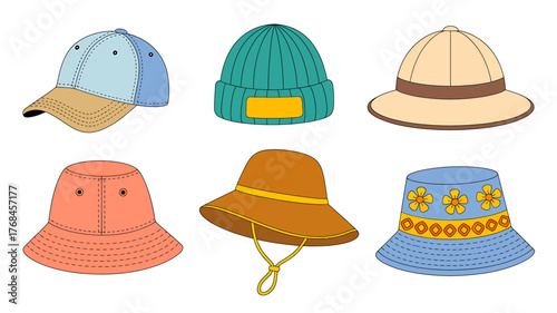 Variety of colorful cartoon style hats ideal for summer vacations and outdoor activities for children and adults collection of headwear