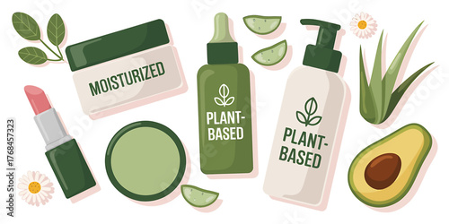 Plant Based Skincare Product Still Life Illustration Promoting Natural Beauty and Holistic Wellness Concept