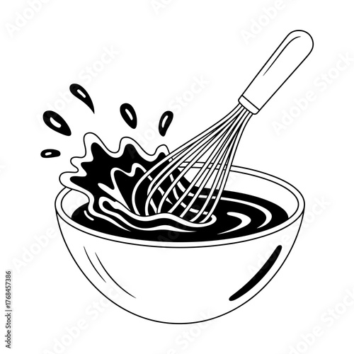 Baking process with a whisk stirring batter in a bowl creating splashes an illustration of culinary arts and food preparation