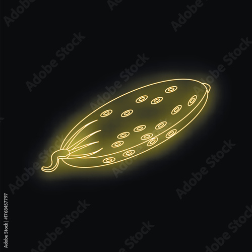 Glowing neon cucumber on black background representing healthy food and freshness