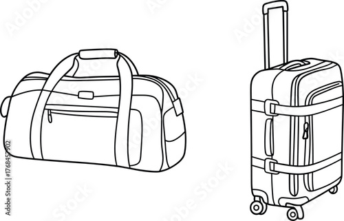 Detailed travel suitcase and duffel bag line art vector illustration for tourism accessories, vacation baggage design, journey equipment and packing