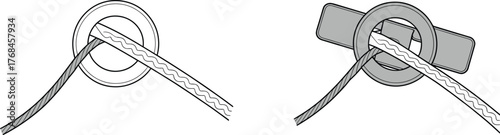 Detailed vector diagram showing rope threading through circular ring and clamp attachment for secure fastening in DIY installation guide