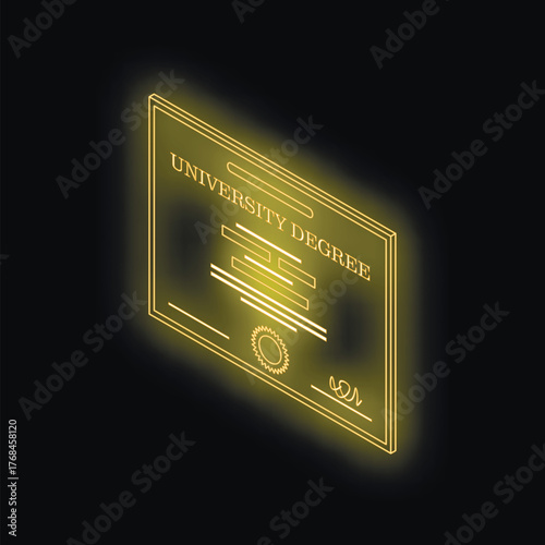 Neon yellow glowing university degree certificate on a black background representing academic achievement and higher education