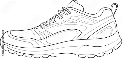 Outline vector illustration of modern sports running shoe sneaker design for athletic footwear branding, fitness training and outdoor activity