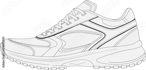 Modern sports running shoe detailed line art vector illustration of athletic sneaker design for footwear fashion, training and fitness