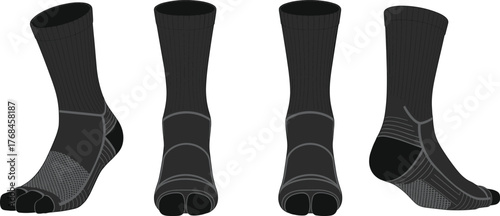 Professional athletic five toe socks vector illustration set with cushioned support, breathable mesh design and ergonomic sport compression fit