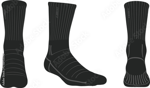 Professional long athletic compression socks front side and back view vector illustration with ribbed design, arch support and ergonomic fit