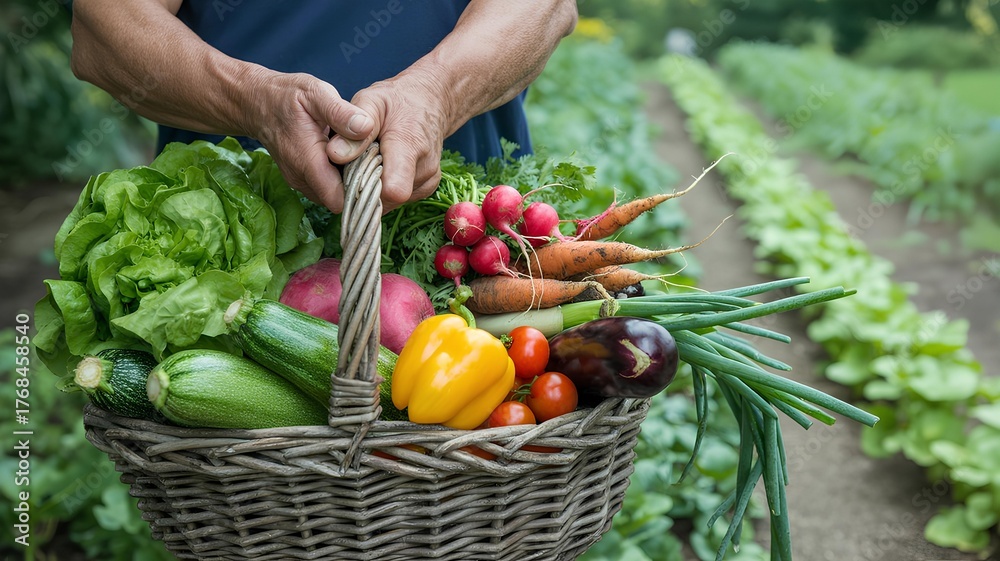 Fototapeta premium Close-up of a person's hands holding a rustic wicker basket overflowing with a variety of fresh, colorful vegetables.