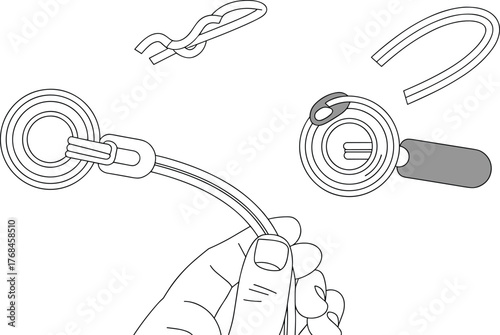 Step by step elastic cord loop knot installation guide with hands showing how to attach hook and secure rope ends