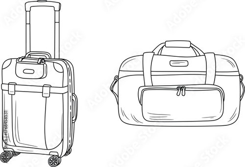 Travel suitcase and duffel bag detailed black and white line art vector illustration for tourism luggage design and vacation accessories