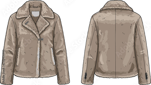 Taupe faux fur jacket front and back view with wide collar, asymmetrical zipper, plush texture, stylish winter fashion outerwear