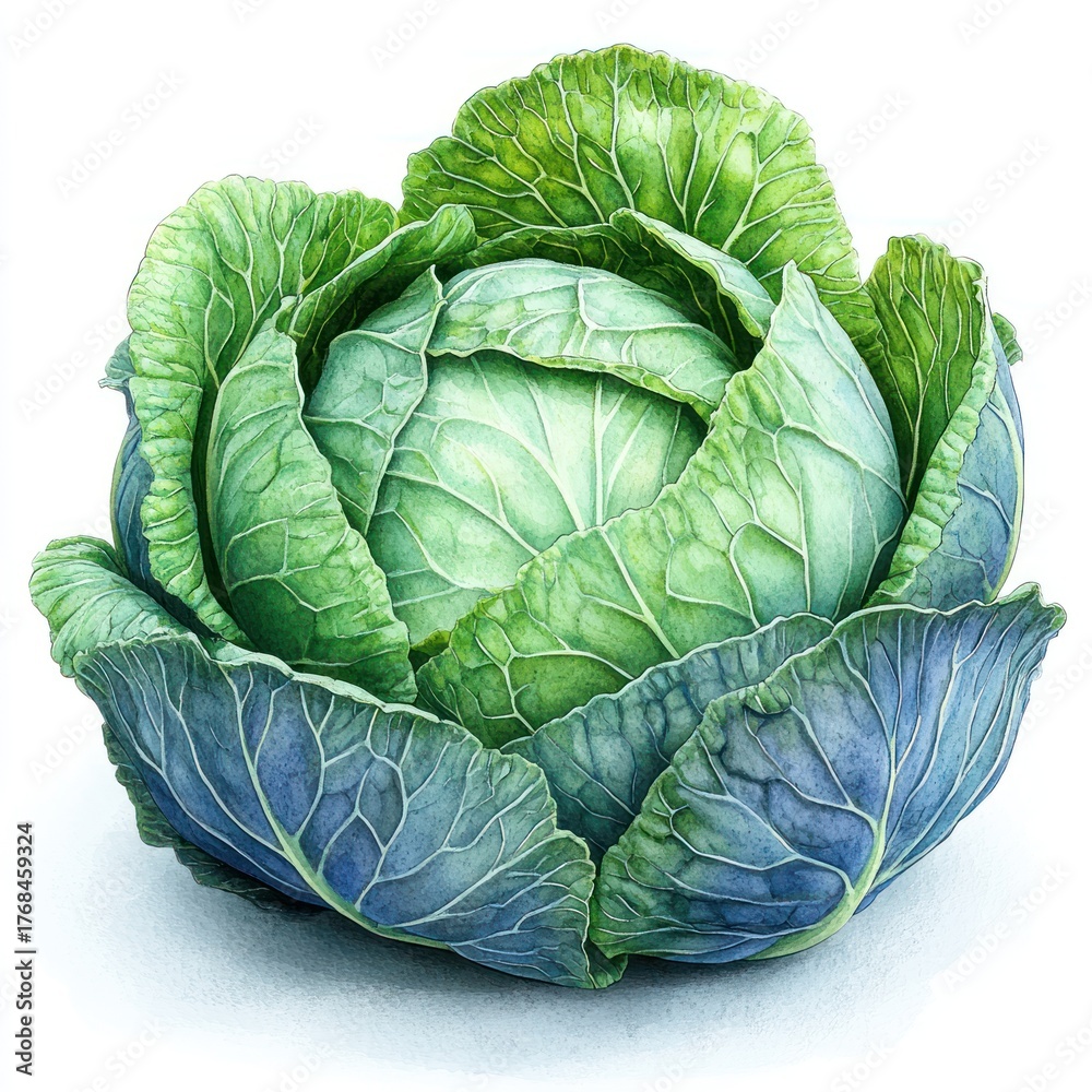 Obraz premium A fresh green cabbage displays its tightly packed center, surrounded by vibrant leaves