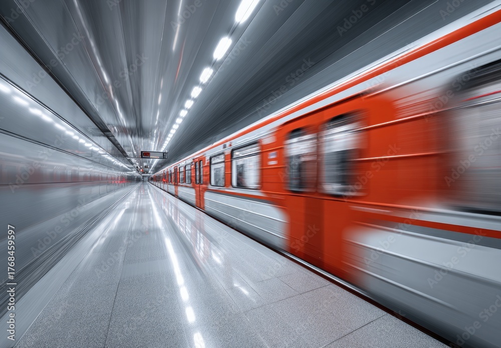 Obraz premium Blurry orange train speeds through modern, illuminated subway tunnel