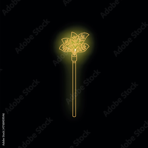 Glowing neon feather duster illuminating a dark background, representing cleaning services, household chores, or a vintage aesthetic