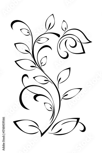 stylized flower on a curved stem with leaves and curls; graphic decor