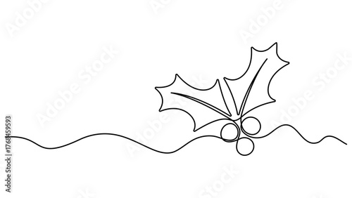 Vector continuous one line art drawing of holly berries leaves icon, for Christmas decoration in minimalist on a white background. Christmas holly berry and leaves simple vector illustration