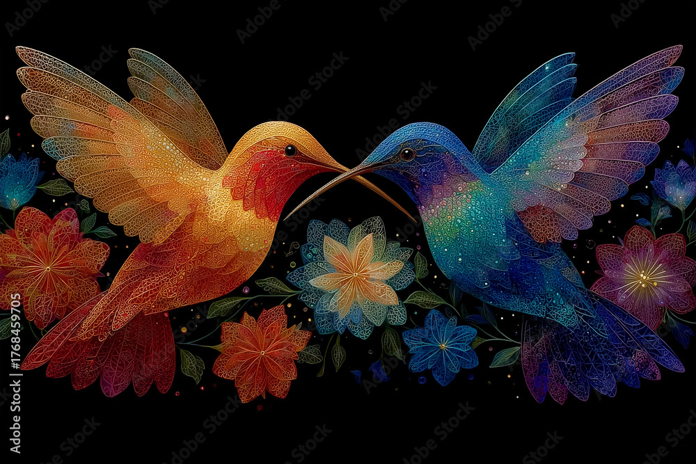 Fototapeta premium cosmic hummingbirds creating infinity symbol while feeding from star flowers generative ai