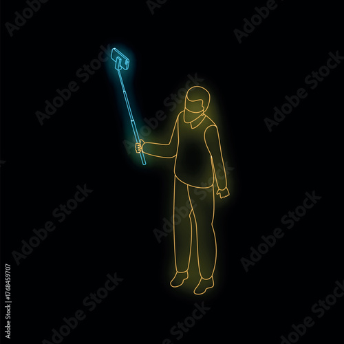 Neon isometric illustration of a man holding a selfie stick with a smartphone on a black background