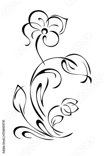 stylized flower on a curved stem with leaves and curls; graphic decor