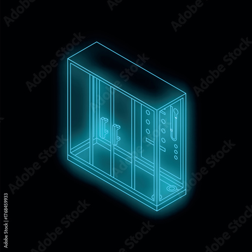 Neon blue shower stall blueprint glowing on dark background, showcasing door, handles, showerhead, and plumbing fixtures